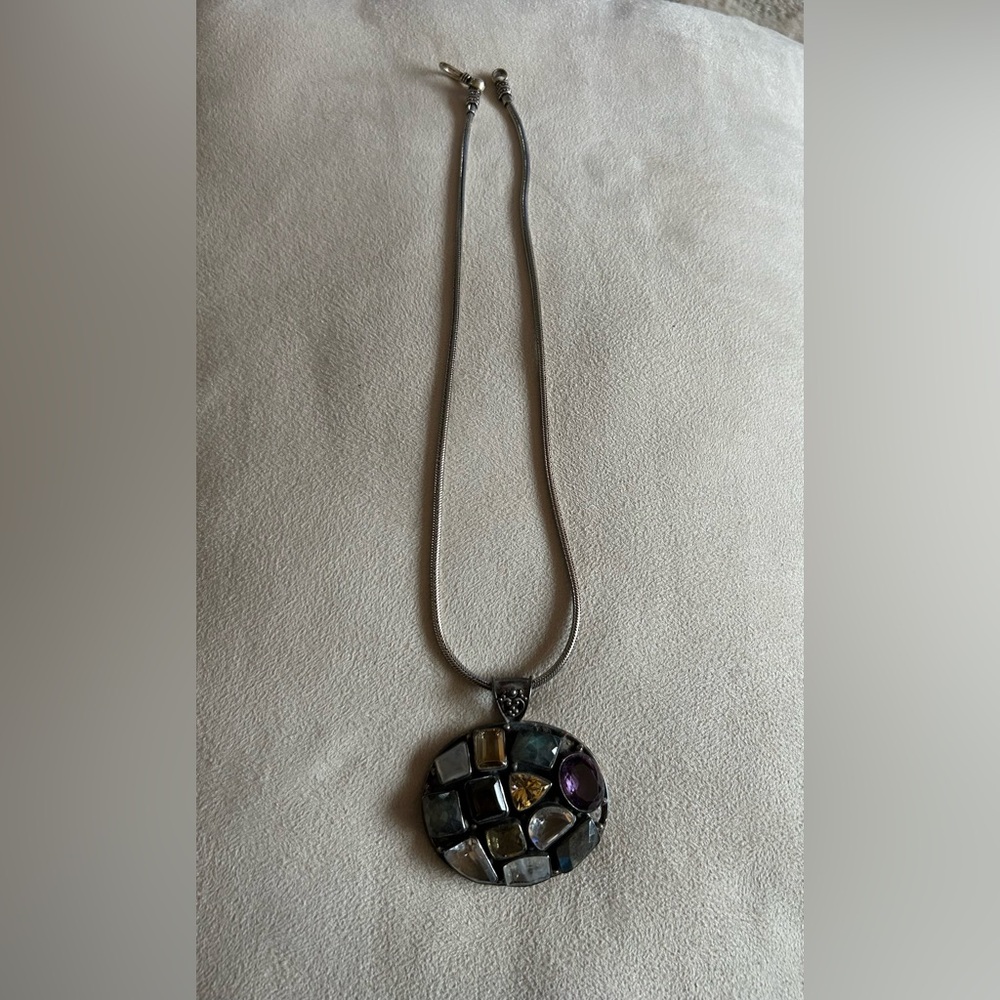 Chunky Semi Precious Stone Pendant and Thick Sterling Silver Necklace